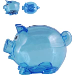 A blue pig-shaped coin bank in two sizes, with a round, transparent design and cartoonish features.