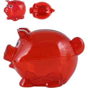 A red pig-shaped coin bank with a transparent design and cartoonish eyes. Features a removable top for inserting coins.