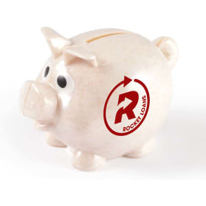 A small ceramic piggy bank in a light colour with a playful design and a logo.