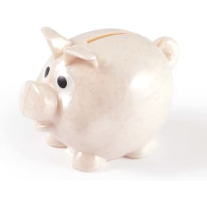 A small pig-shaped eco coin bank with a light speckled finish and oversized cartoonish eyes.