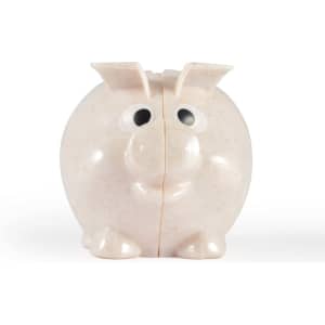 A cute, small pig-shaped eco-friendly coin bank with a smiling face and a rounded body, designed for saving money.