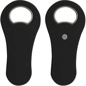 A drink bottle opener in a sleek black design, featuring a rounded handle and a metal bottle cap opener.