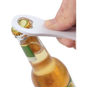 A drink bottle opener designed for easy cap removal, featuring a white plastic handle and a contoured opening.