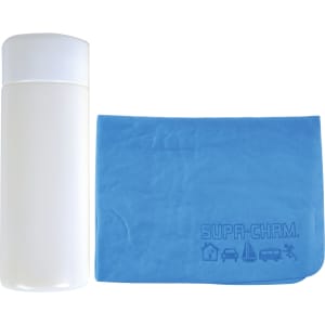 A drink bottle with a white cap next to a blue chamois cloth embossed with the Supa Cham logo.