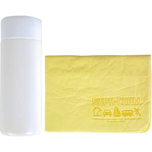 A white cylindrical tube with a yellow chamois cloth displayed beside it, featuring a logo.
