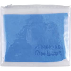 A pouch containing a blue Supa Cham chamois. The pouch features a transparent design with a zip closure and branding.