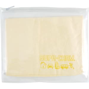 A clear pouch containing a yellow chamois cloth, labeled "SUPA-CHAM," with various icon designs.