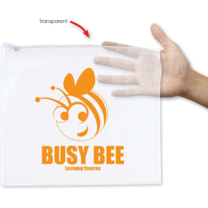 A transparent pencil case with an orange bee graphic and the words "BUSY BEE Learning Centres," held by a hand.