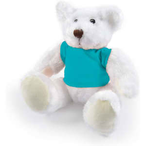 A plush teddy bear with white fur and a teal shirt, sitting upright with large, soft paws.