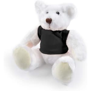 A plush teddy bear named Frosty, featuring a white fur coat and a black shirt.