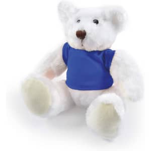 A plush teddy bear with white fur and a blue shirt, featuring a cute expression and soft paws.