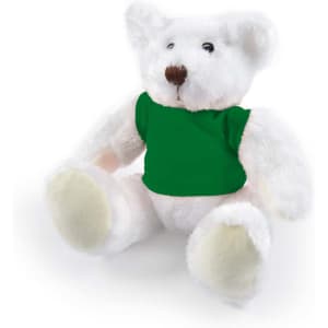 A plush teddy bear with a soft white exterior and a green shirt.
