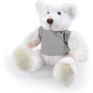 A plush teddy bear named Frosty, featuring a soft white exterior and a grey shirt.