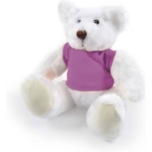 A plush teddy bear with a white coat and a purple shirt, featuring soft paws and a friendly expression.