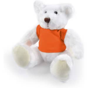 A Frosty Plush Teddy Bear featuring a soft white exterior and wearing an orange shirt.