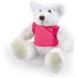 A white plush teddy bear wearing a pink shirt, sitting with its legs outstretched. The bear has round ears and a brown nose.