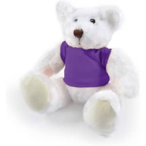 A plush teddy bear with a white body and a purple shirt. The bear features black eyes and a small brown nose.