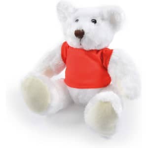 A plush teddy bear with white fur and a red shirt, featuring soft paws and a friendly expression.