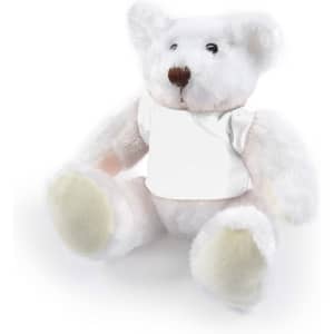 A white plush teddy bear with a soft texture and a blank shirt. It has delicate features and a cute design.