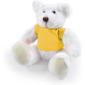 A Frosty Plush Teddy Bear featuring a soft white exterior and wearing a yellow shirt, designed as a fun and cuddly toy.
