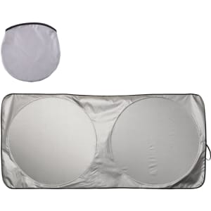 A silver summer car sun shade with two circular sections, folded into a round shape for storage. It has a logo.