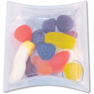 Assorted jelly candies in a clear pillow pack, featuring various shapes and colors including red, yellow, purple, and white.