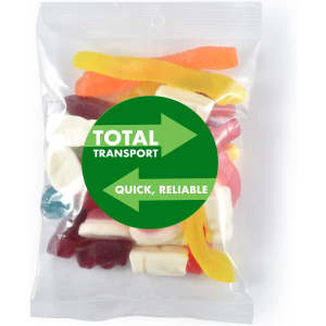 Assorted jelly lollies in a clear 180g cello bag, featuring various colours and shapes. Contains a mix of fruity flavours.