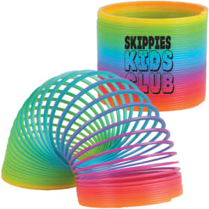 A multi-coloured spring toy with vibrant hues of pink, blue, green, and orange, packaged in a matching container.