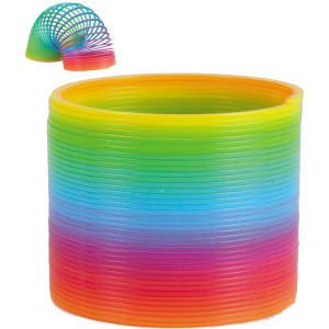 A colorful, spiral spring toy in vibrant rainbow colors, featuring a stacked circular arrangement with a playful design.