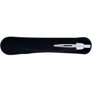 A sleek silver metal pen resting on a black velvet case, featuring a smooth design.
