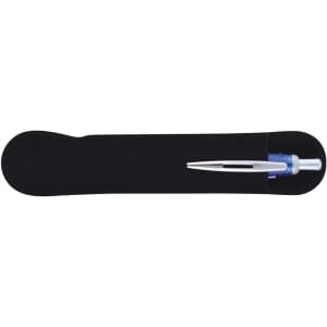 A Viva Transparent Pen is displayed on a black soft case, highlighting its sleek design and blue ink functionality.