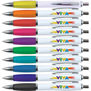 A collection of Viva pens with white barrels and assorted coloured tops, featuring a logo on each pen.