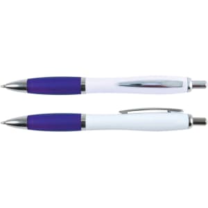 Two plastic pens with white barrels and purple grips, featuring silver accents and a logo on one.
