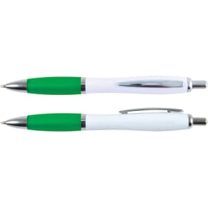 A set of two plastic pens with white barrels and green accents, featuring chrome trim and a clip.