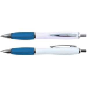 A set of white barrel pens with blue accents and chrome detailing, featuring a brand logo.