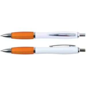 A set of Viva Pens with a white barrel and orange accents, featuring a sleek design and chrome detailing.