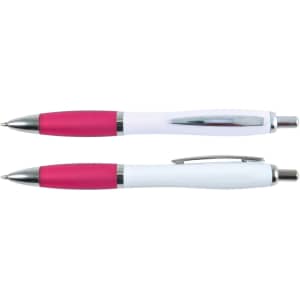 A white barrel pen with pink grips and chrome accents, featuring a logo on the barrel.