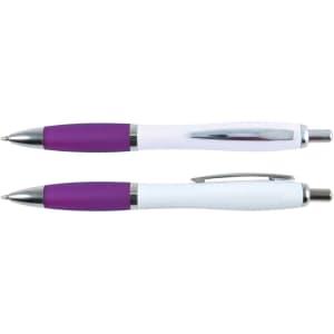 Two plastic pens with a white barrel and purple grip, featuring silver accents. One pen has a clip.