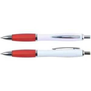 A set of two Viva Pens featuring a white barrel with contrasting red grips and chrome accents.