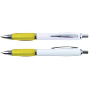 A collection of two Viva Pens with a white barrel and bright yellow accents, each featuring a chrome trim.