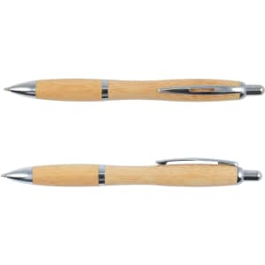 A bamboo pen with silver accents, featuring a sleek design and a chrome clip. It has a branding logo.