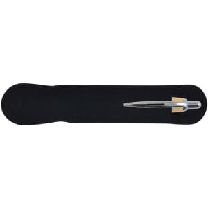 A bamboo pen is displayed on a black velvet base. The pen features a sleek design with a metallic tip and clip.