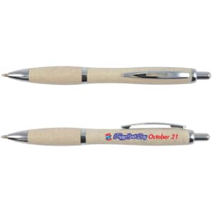 A beige eco pen with silver details and a branding logo. Features a smooth, retractable ballpoint tip.