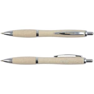 A beige eco-friendly pen with chrome accents, featuring a sleek design and a clip on the side.