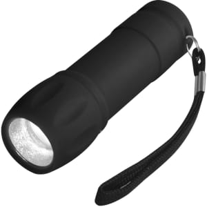 A compact black flashlight with a textured grip and a wrist strap.
