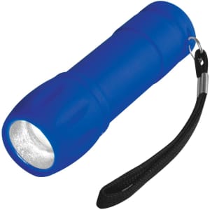 A blue flashlight featuring a robust body and a wrist strap for easy handling.