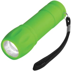 A green flashlight with a textured grip and a black wrist strap.