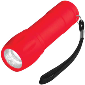 A red flashlight with a textured grip and a wrist strap.