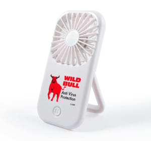 A white portable fan with a stand, featuring a logo and red details. Suitable for tech enthusiasts.