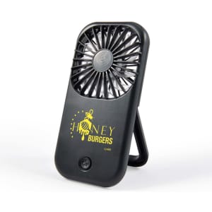 A portable Sirocco Fan with a black design, featuring a brand logo and a stand for support.